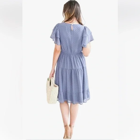Mikarose Blue Midi Dress with Ruffle Sleeves Baby Shower/Wedding Shower Dress! - Picture 3 of 8